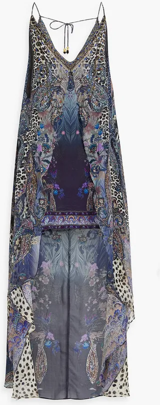 Embellished printed silk crepe de chine mini dress