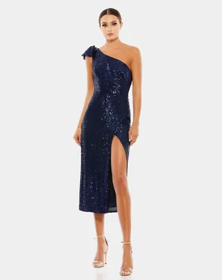 Sequined One Shoulder Bow Midi Dress