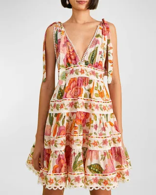 Macaw Bloom Tie-Shoulder Tiered Mini Dress