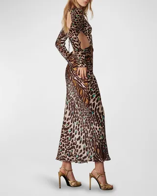 Jodie Cheetah-Print Open-Back Silk Maxi Dress