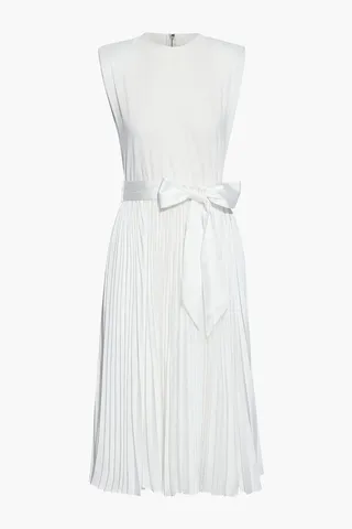 Yuki belted jersey-paneled pleated satin midi dress