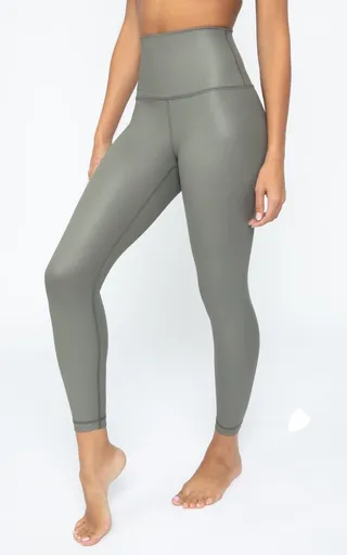 90 Degree By Reflex Womens High Waist High Shine Faux Leather Disco Ankle Legging - Mulled Basil - Small