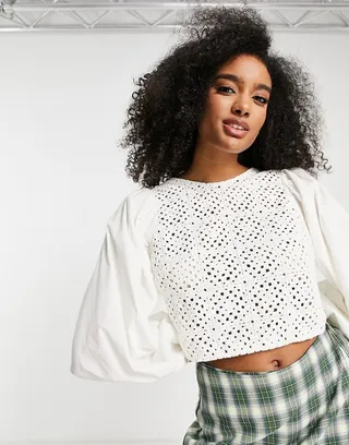 ASOS DESIGN long sleeve top with patchwork crochet detail and tassel tie in white
