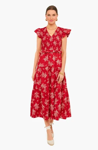 Exclusive Red Alessia Print Smocked Tiered Midi Dress