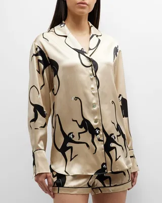 Alba Monkey-Print Silk Pajama Set