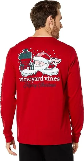 Vineyard Vines Santa Whale Long Sleeve Pocket Tee (Savvy Red) Men's Clothing