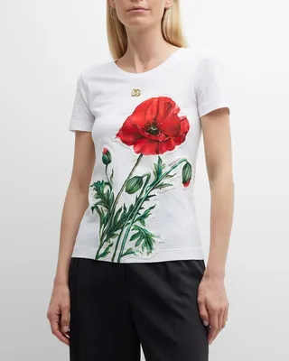 Flower-Print Applique Jersey T-Shirt