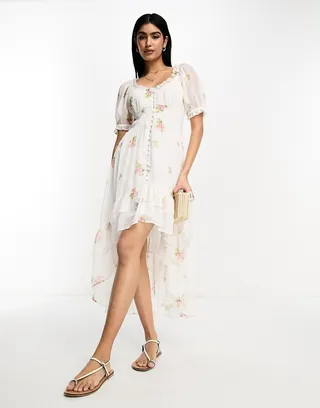 ASOS DESIGN button up hi low hem dress with broderie frill detail in pink floral print