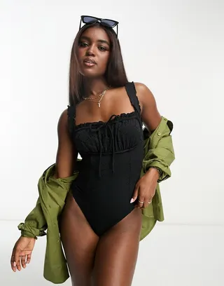 Miss Selfridge eyelet corset detail tie front swimsuit in black