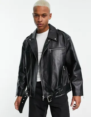 ASOS DESIGN oversized real leather biker jacket in black