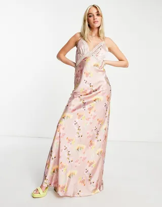 Hope & Ivy lace insert satin maxi dress in lilac floral