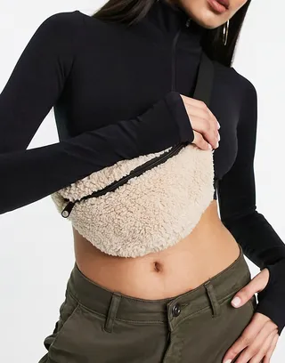 ASOS DESIGN fanny pack in borg in neutral