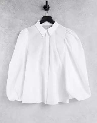 ASOS DESIGN volume sleeve shirt with open elastic back detail in white