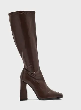 Square Pointed Toe Block Heel Knee High Boot