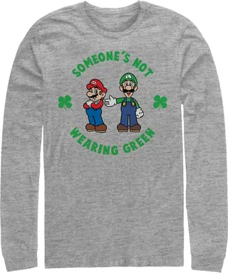 Men's Nintendo Super and Luigi St. Patrick's Day Not Wearing Green Long Sleeve Shirt - Athletic Heather - X Large