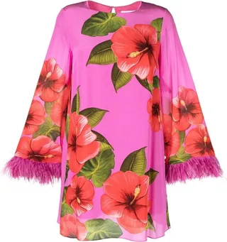 Cocoa floral-print feather-trimmed minidress
