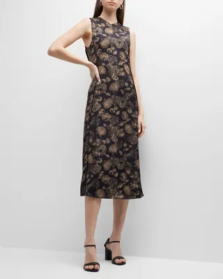 Sea Shell-Print V-Neck Sleeveless Midi Dress