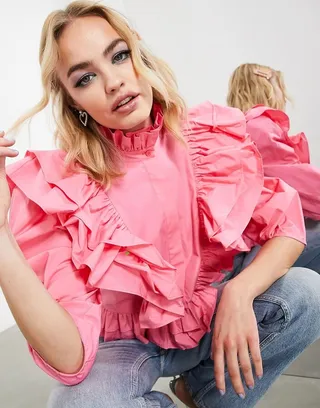 ASOS EDITION ruffle detail shirt with high neck in pink
