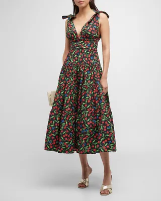 Cherry-Print Bow-Shoulder Tiered Midi Dress