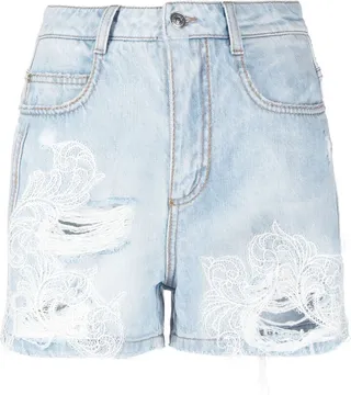Embroidered Bleached Denim Shorts