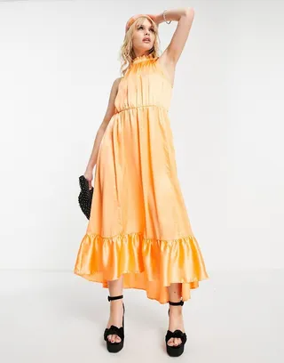 JDY satin halter neck maxi dress in orange