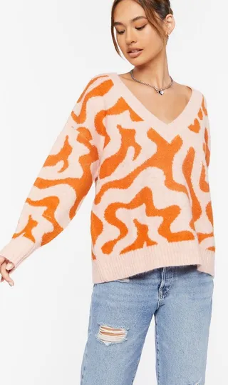 Abstract Print V-Neck Sweater