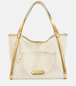 Leather-trimmed mesh tote bag