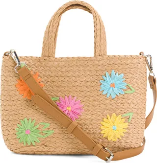Straw Small Summer Tote With Daisy Embellishments
