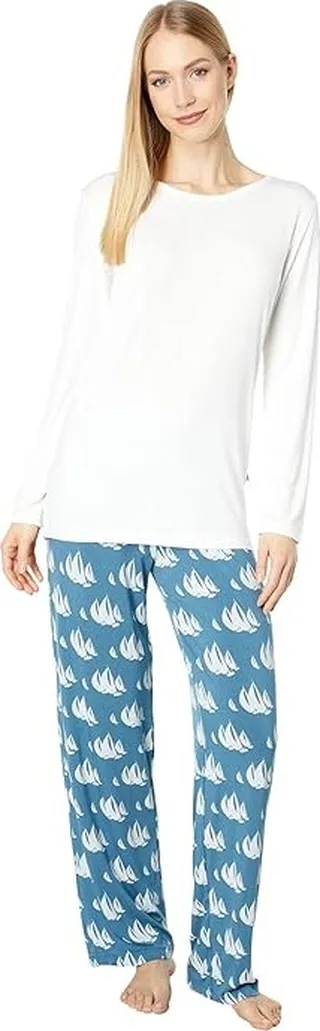Kickee Pants Long Sleeve Loosey Goosey Tee Pants PJ Set (Deep Sea Sailboat Race) Women's Pajama Sets