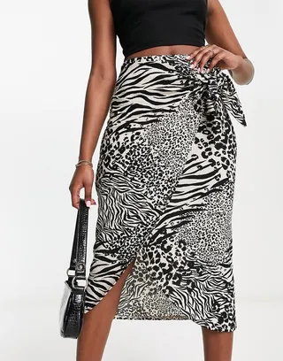 Miss Selfridge wrap midi skirt in patchwork animal print