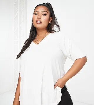 ASOS DESIGN Curve oversized v-neck t-shirt in rib in white