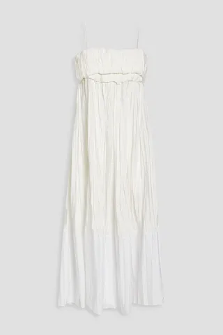 Pleated poplin-paneled slub woven midi dress