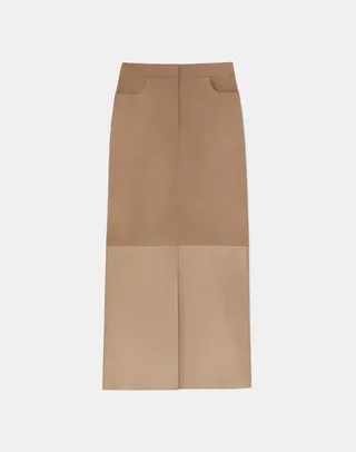 Nubuck Suede Nappa Leather Two Tone Midi Skirt