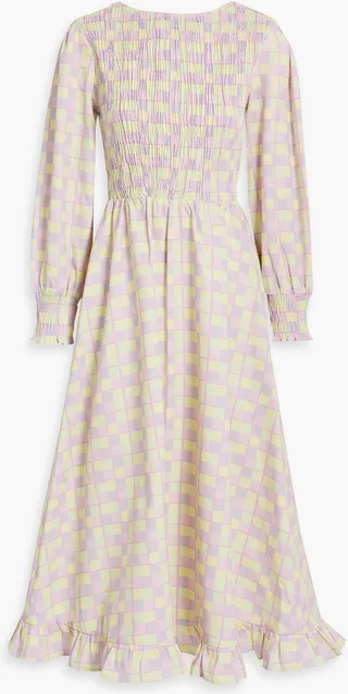 Shirred checked twill midi dress