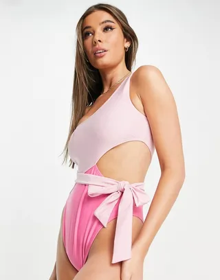 Brave Soul one shoulder cut out swimsuit with removable belt in pink