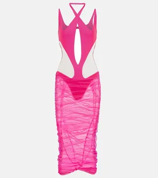 Cutout paneled tulle midi dress