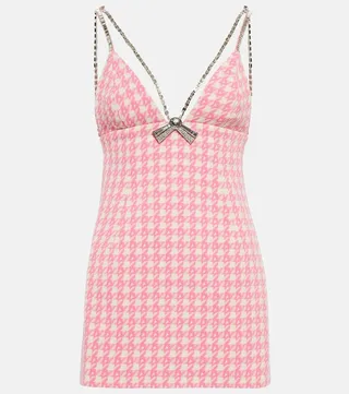 Checked crystal-trimmed wool-blend minidress