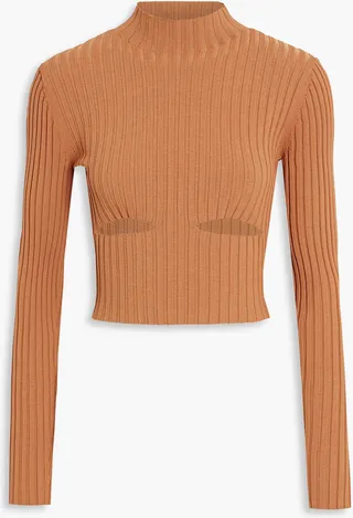Cropped cutout ribbed-knit turtleneck top