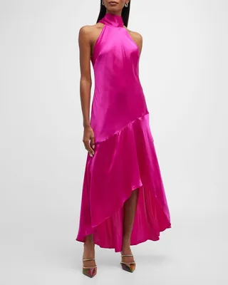 Silk High-Low Halter Midi Dress