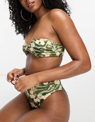ASOS DESIGN mix and match moulded twist bandeau bikini top in animal daisy print
