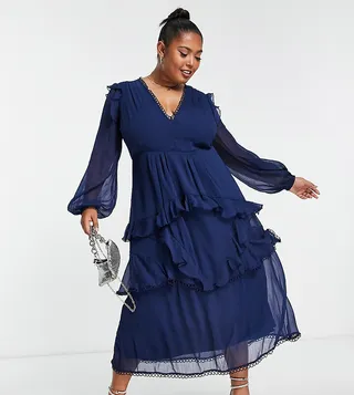 ASOS DESIGN Curve midi dress with long sleeve and circle trim in navy