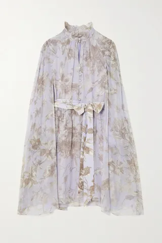 Erdem - Clarice Cape-effect Floral-print Silk-voile Mini Dress - Purple