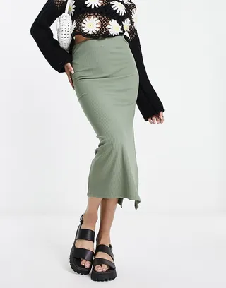 Stradivarius ribbed midi skirt in khaki