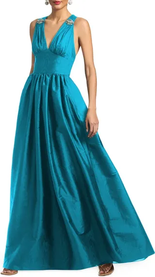 Kenzie Plunge Neck Moiré Taffeta Gown