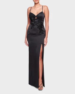 Cutout Beaded Charmeuse Column Gown