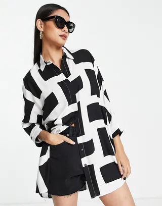 ASOS DESIGN oversized long sleeve shirt in mono grid print