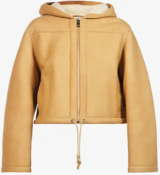Womens White Gold Hooded Logo-embossed Shearling Jacket