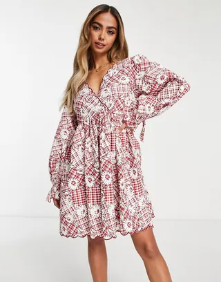 ASOS DESIGN twill scallop babydoll mini dress in red retro floral gingham