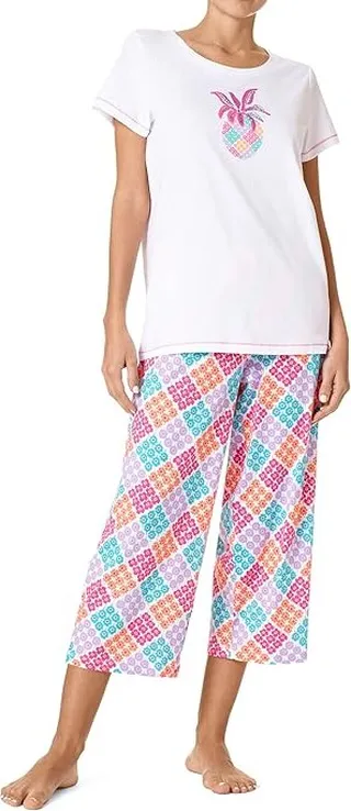HUE Short Sleeve Tee and Capris Two-Piece Pajama Set (White) Women's Pajama Sets