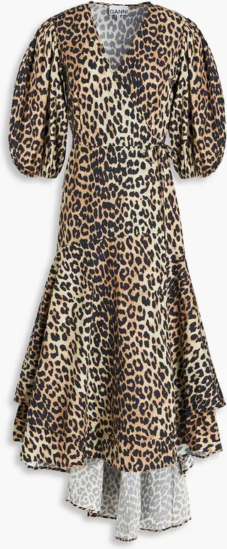 Layered leopard-print cotton-poplin midi wrap dress